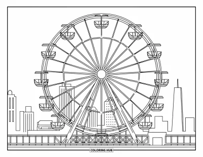 Coloriage de Chicago pour enfants : La grande roue de Navy Pier se dresse fièrement avec ses gondoles et des immeubles de la ville derrière