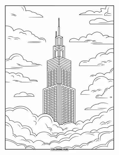 Coloriage de Chicago pour enfants : La Willis Tower de Chicago s'élève à travers les nuages dans un dessin aux contours nets et bien marqués