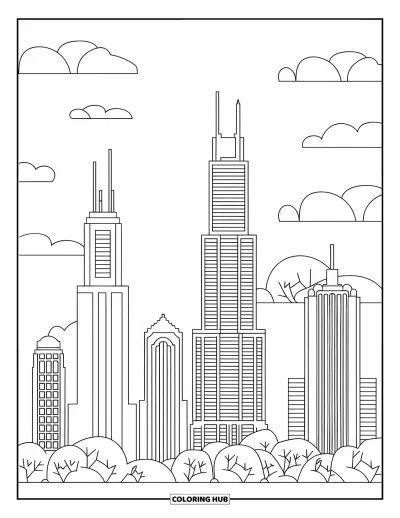 Coloriage de Chicago pour enfants : De célèbres gratte-ciel de Chicago avec des nuages et des arbres dans une skyline adaptée aux enfants