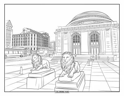 Coloriage de Chicago pour enfants : La Harold Washington Library avec son dôme, ses statues de lions et une place animée