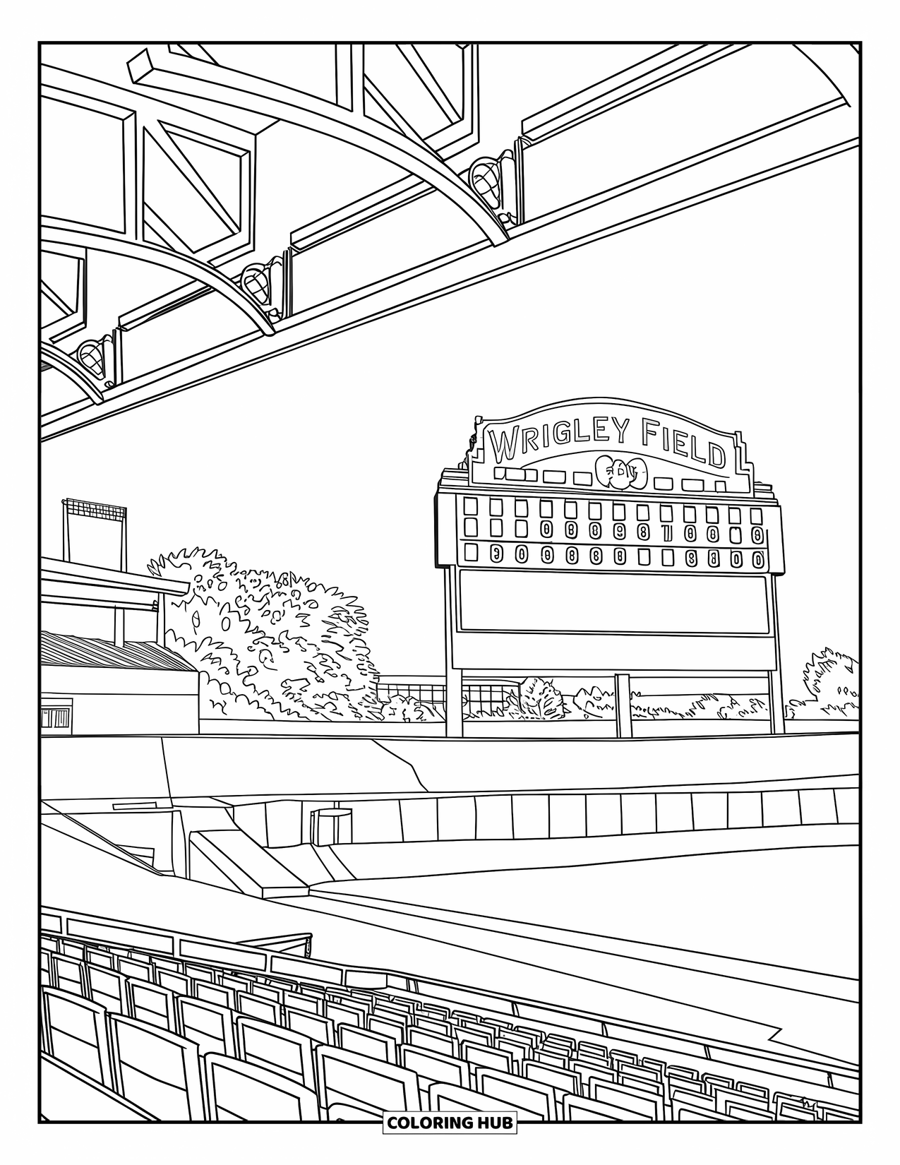 Chicago Coloring Page for Kids: Inside Wrigley Field with stadium seats, vintage details, and scoreboard outfield view
