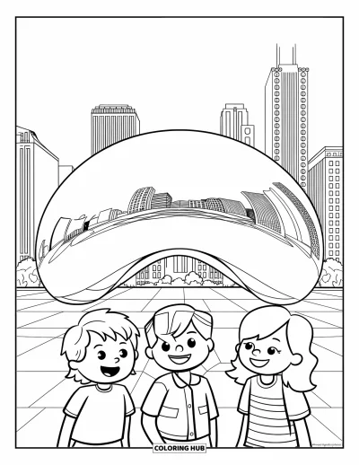 Coloriage de Chicago pour enfants : Des enfants souriant et pointant du doigt The Bean dans le Millennium Park de Chicago