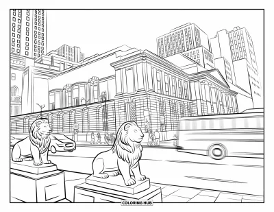 Coloriage de Chicago pour enfants : Des statues de lions gardent la Harold Washington Library pendant que des étudiants et des bus passent