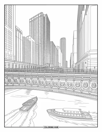 Coloriage de Chicago pour enfants : Un pont surélevé au-dessus de la Chicago River avec des bateaux et de hauts bâtiments urbains à proximité