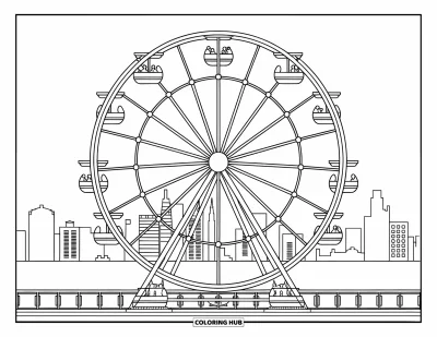 Coloriage de Chicago pour enfants : La grande roue de Navy Pier tourne près de la skyline et du lac à Chicago