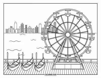 Coloriage de Chicago pour enfants : La promenade de Navy Pier avec la grande roue, des planches en bois et des vues sur la skyline