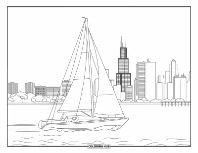 Coloriage de Chicago pour enfants : Un voilier cap vers la skyline de Chicago avec la Willis Tower visible au loin