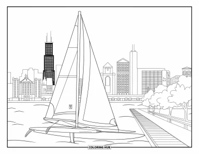 Coloriage de Chicago pour enfants : Un voilier sur le lac Michigan avec la skyline de Chicago en toile de fond