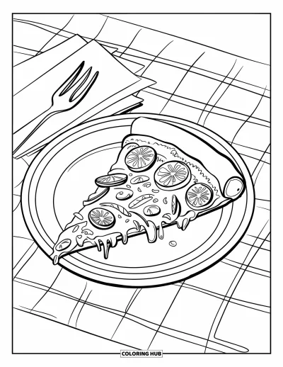 Coloriage de Chicago pour enfants : Une part de pizza deep-dish de Chicago sur un fond à carreaux avec des serviettes sur le côté