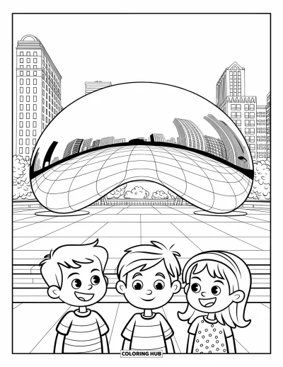 Coloriage de Chicago pour enfants : Des enfants souriants admirent The Bean, la célèbre sculpture de Chicago, près de grands immeubles
