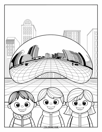 Coloriage de Chicago pour enfants : The Bean reflète la skyline de Chicago tandis que des enfants en manteau lèvent les yeux en souriant