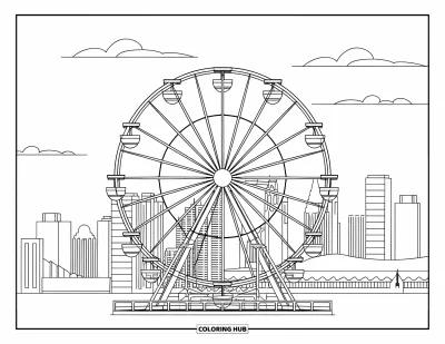 Coloriage de Chicago pour enfants : La grande roue de Navy Pier avec ses gondoles et les gratte-ciel de Chicago en arrière-plan