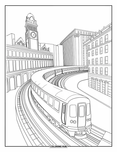 Coloriage de Chicago pour enfants : Le train « L » de Chicago serpente près d'un bâtiment avec une tour de l'horloge