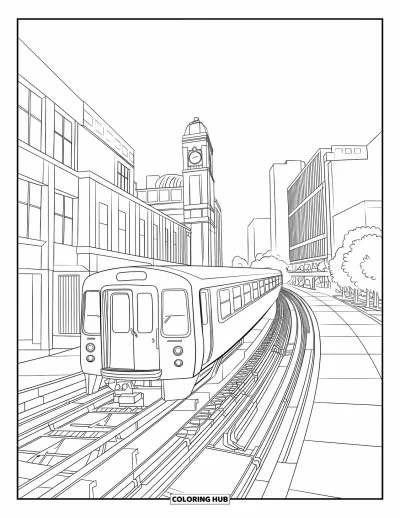 Coloriage de Chicago pour enfants : Le train « L » rouge serpente dans le centre-ville près d'arbres et de bâtiments ornementés