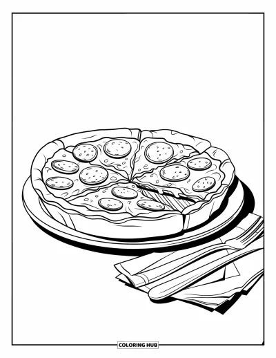 Coloriage de Chicago pour enfants : Une pizza deep-dish à croûte épaisse avec fromage et pepperoni sur une assiette de diner typique de Chicago