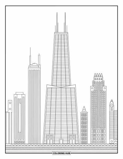 Coloriage de Chicago pour enfants : La Willis Tower et le Hancock Center se dressent dans une silhouette urbaine audacieuse de Chicago