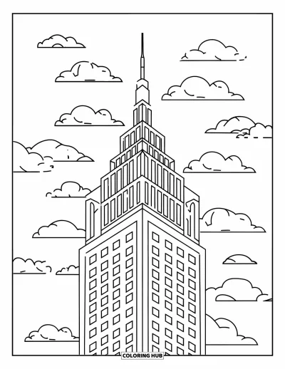 Coloriage de Chicago pour enfants : La Willis Tower se dresse fièrement avec des nuages moelleux qui flottent autour à Chicago