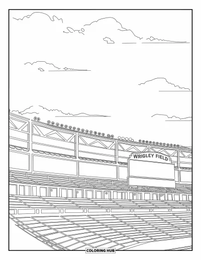 Coloriage de Chicago pour enfants : Le stade Wrigley Field avec ses gradins à plusieurs niveaux et son tableau d'affichage sous un ciel dégagé