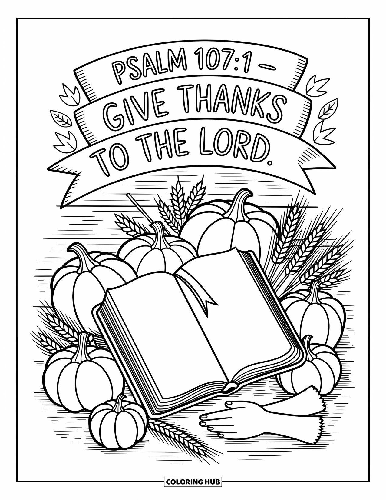 Christian Thanksgiving Coloring Page for Adults: Bible and prayer hands surrounded by pumpkins, wheat, and autumn leaves