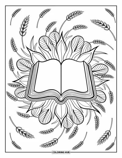 Keresztény hálaadási kifestő felnőtteknek: Biblia botanikai mandala középpontjában szétszórt búzakalászokkal