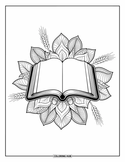 Keresztény hálaadási kifestő felnőtteknek: Biblia virágos mandala és búzás díszítések között