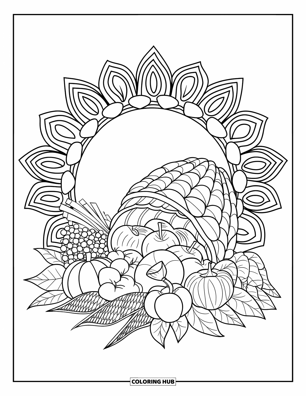 Christian Thanksgiving Coloring Page for Adults: Cornucopia filled with produce framed by a botanical mandala