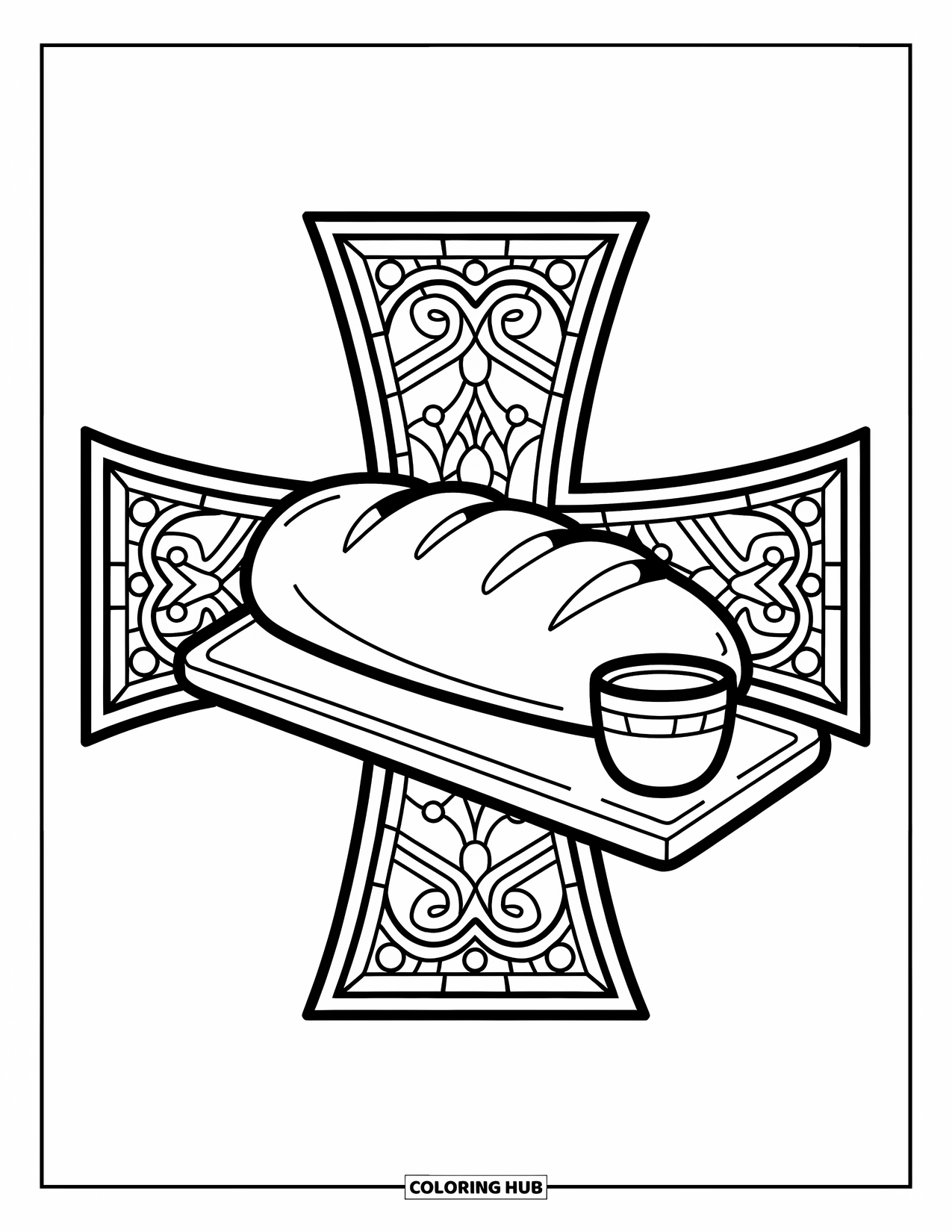 Christian Thanksgiving Coloring Page for Adults: Cross window with bread and cup set on a wooden board