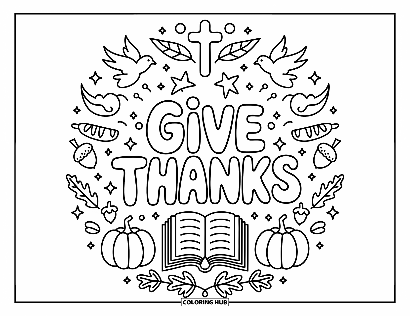 Christian Thanksgiving Coloring Page for Adults: Cute Give Thanks design with bread, grapes, and falling leaves