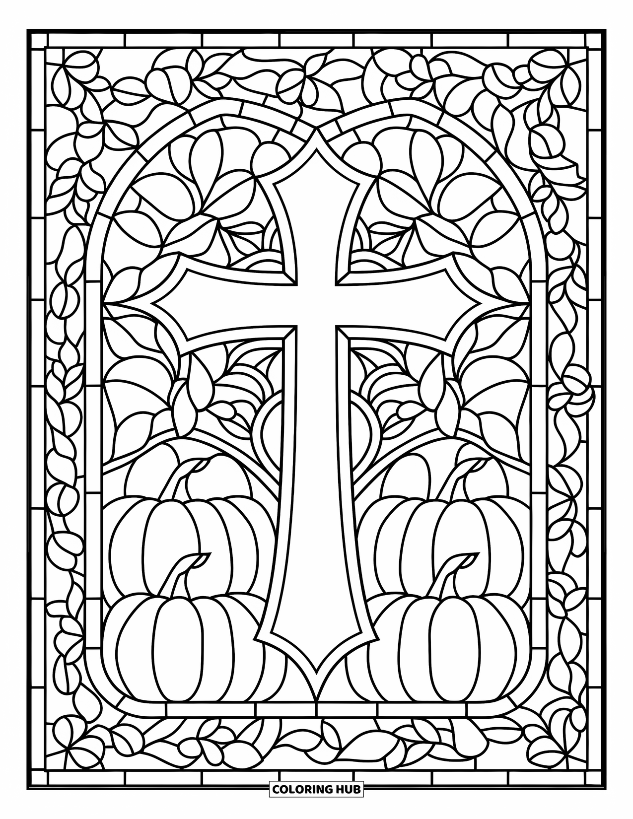 Christian Thanksgiving Coloring Page for Adults: Decorative border of pumpkins and leaves surrounding stained glass cross