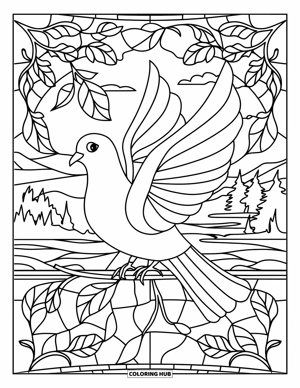 Christian Thanksgiving Coloring Page for Adults: Dove framed by stained glass fall vines in a quiet landscape