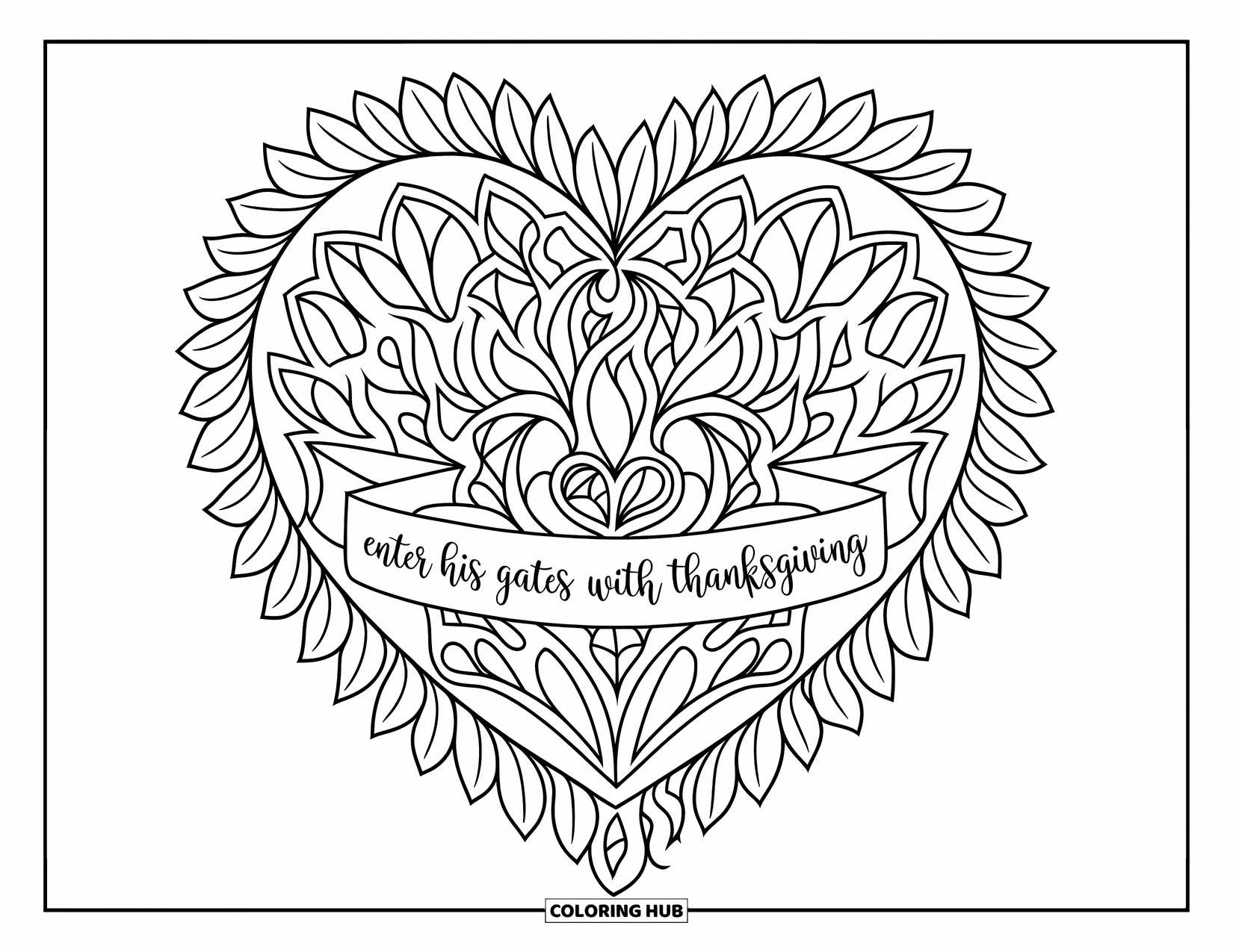Christian Thanksgiving Coloring Page for Adults: Heart-shaped mandala with Thanksgiving verse wrapped in leafy designs