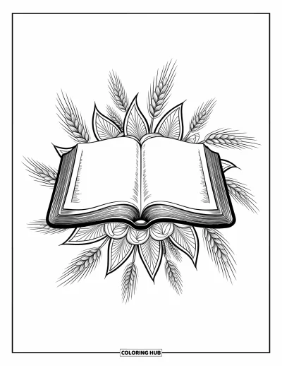 Keresztény hálaadási kifestő felnőtteknek: Nyitott Biblia búzakalászokkal és virágos botanikai mandalával