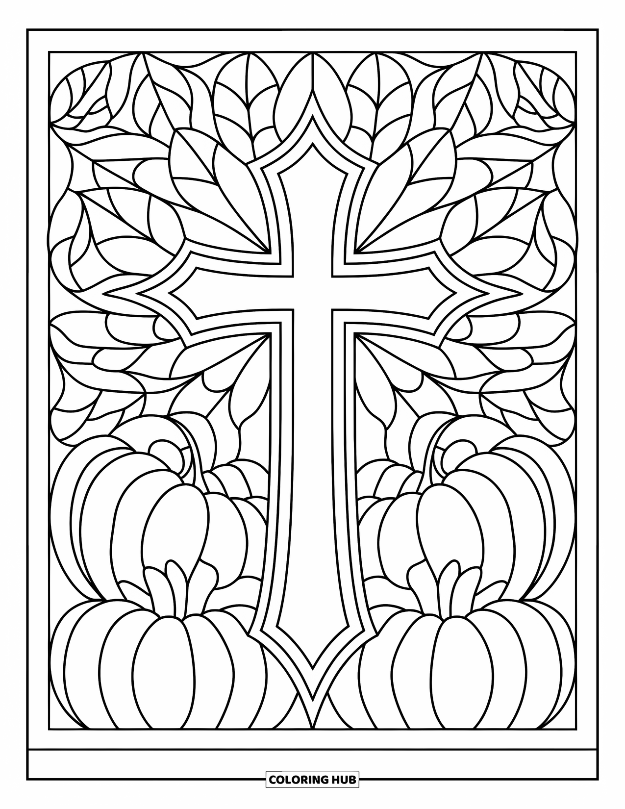 Christian Thanksgiving Coloring Page for Adults: Pumpkins and leaves around a stained glass cross design