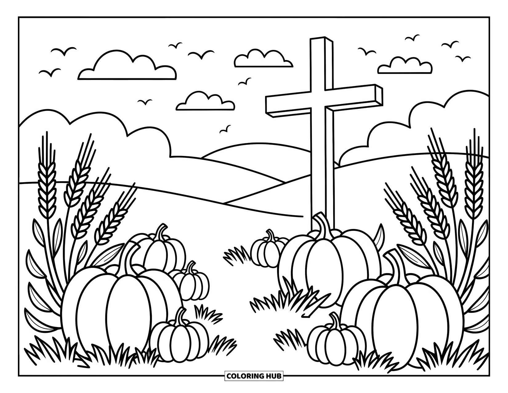 Christian Thanksgiving Coloring Page for Adults: Simple cross rising from a field full of pumpkins and wheat