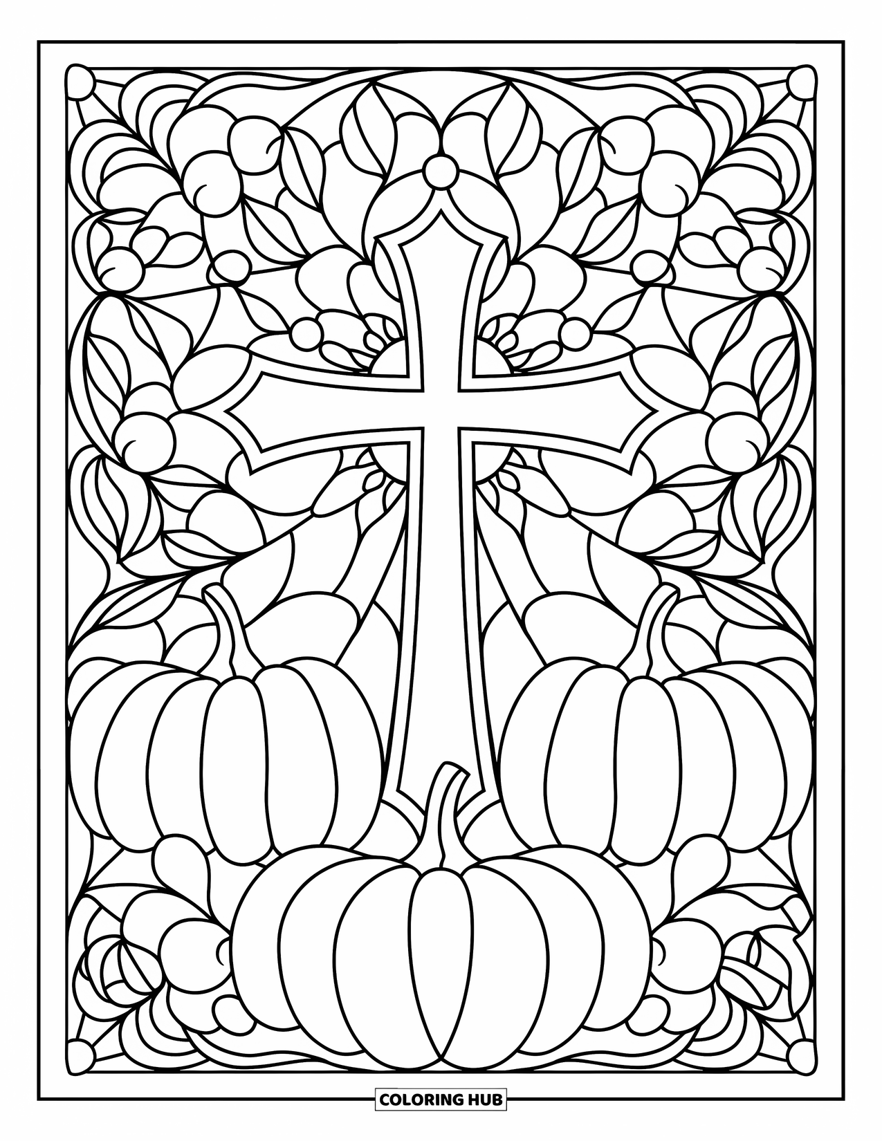 Christian Thanksgiving Coloring Page for Adults: Stained glass cross with pumpkins and leaves surrounding it