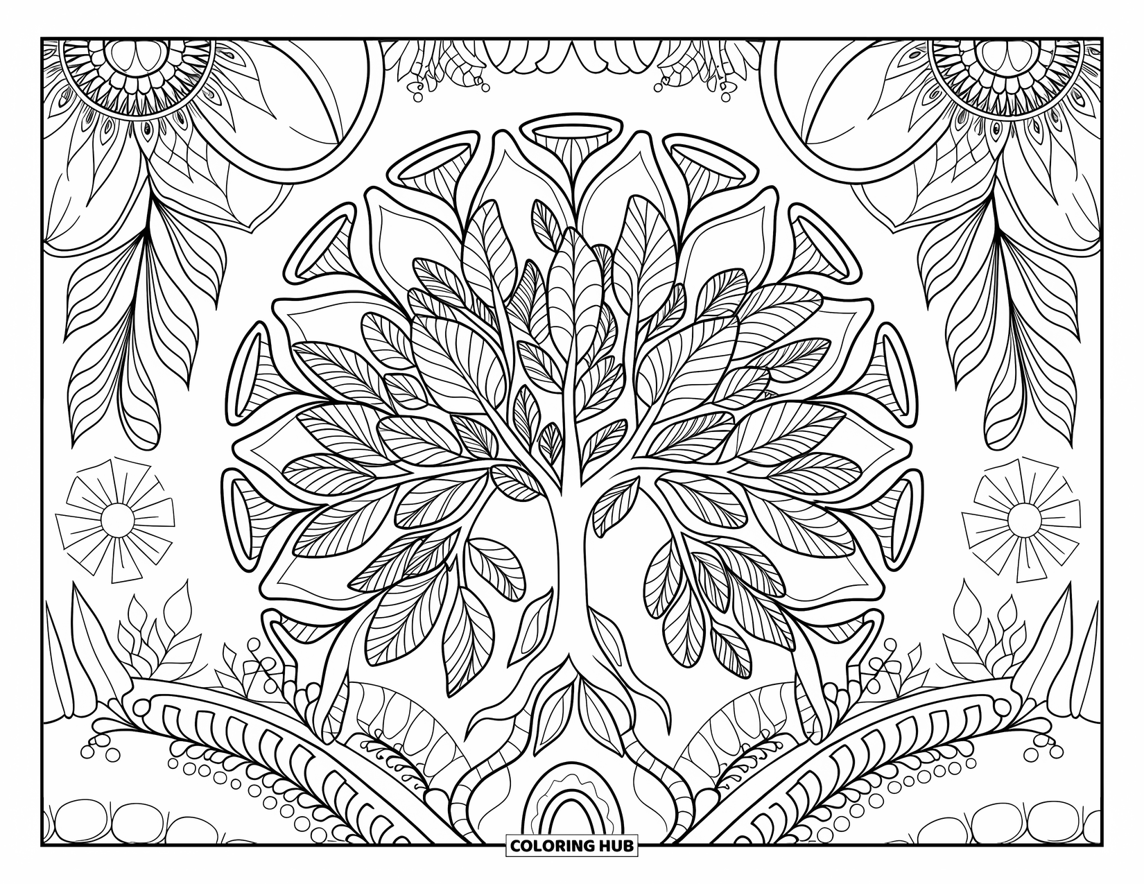 Christian Thanksgiving Coloring Page for Adults: Tree branches and leaves create a circular mandala with floral and geometric patterns