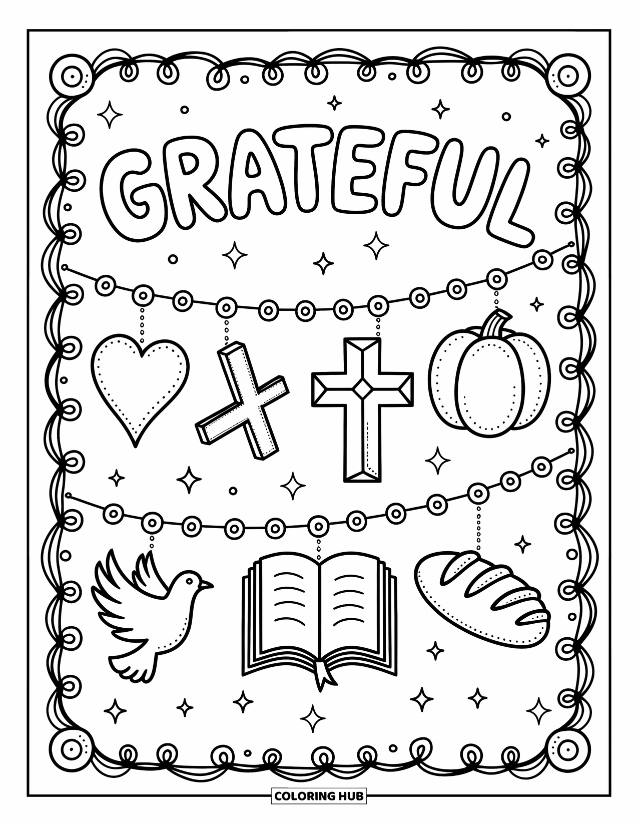 Christian Thanksgiving Coloring Page for Adults: Whimsical banner with hearts, pumpkins, and a GRATEFUL sign