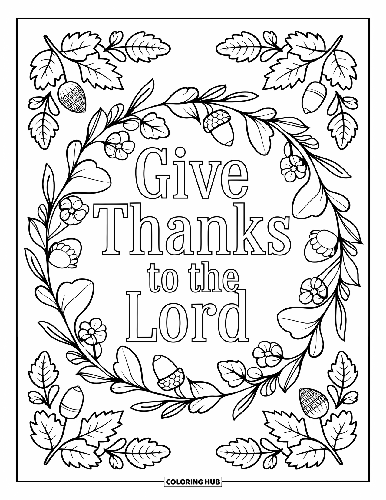 Christian Thanksgiving Coloring Page for Adults: Wreath of florals and acorns around a thankful Bible verse
