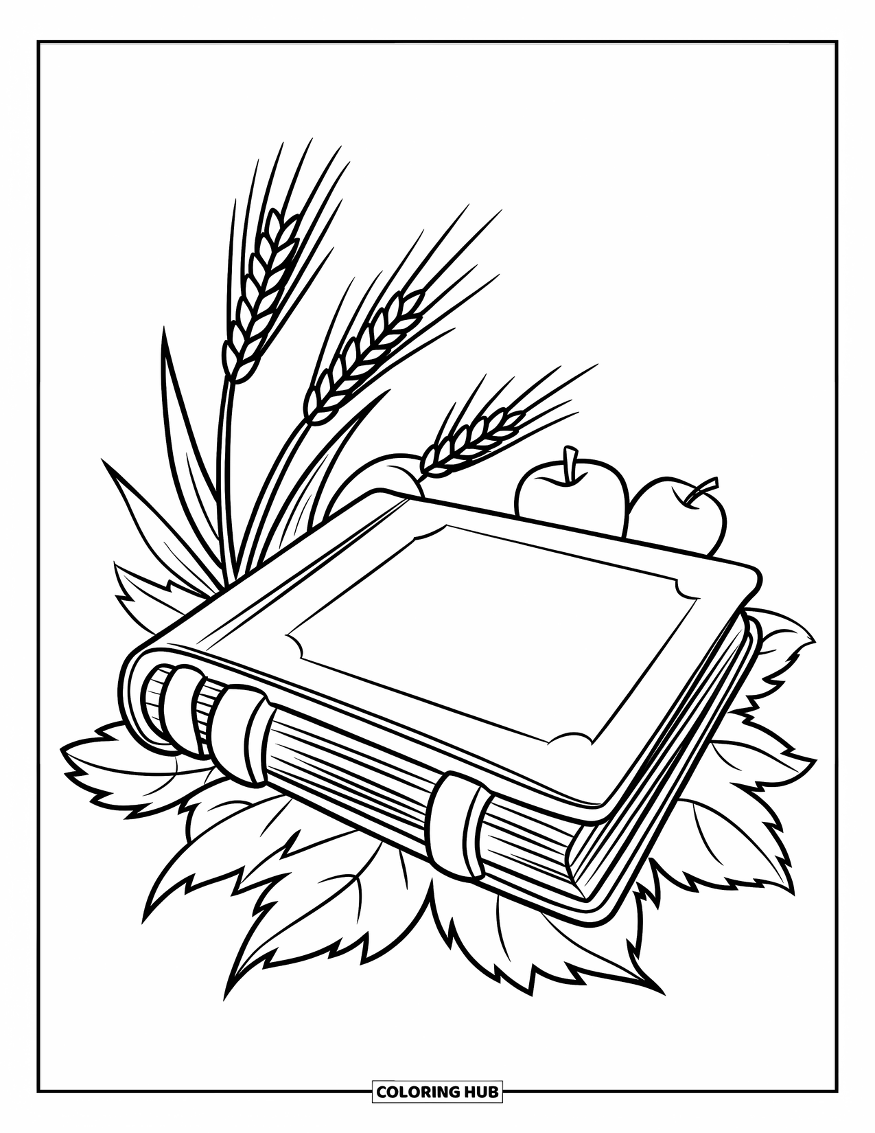Christian Thanksgiving Coloring Page for Kids: Bible resting on leaves with wheat and apples nearby