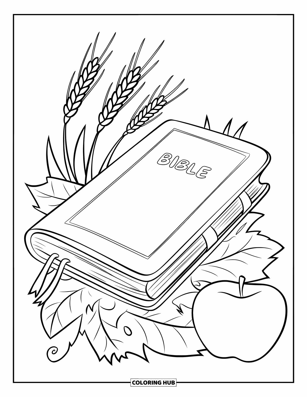 Christian Thanksgiving Coloring Page for Kids: Bible with apples and wheat on a leaf pile