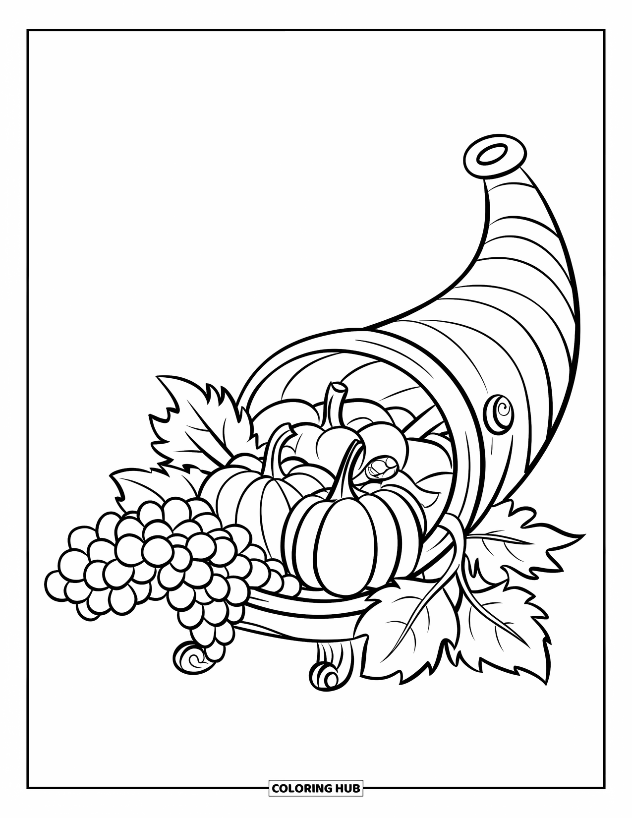 Christian Thanksgiving Coloring Page for Kids: Cornucopia filled with grapes, pumpkins, and a small cross