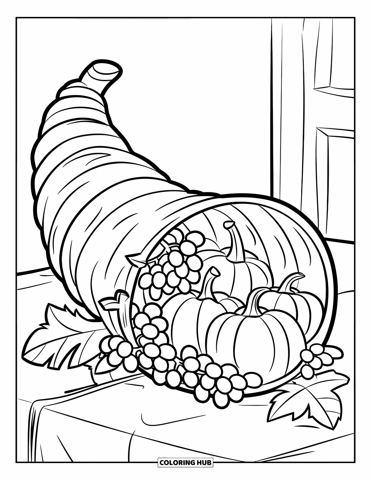 Christian Thanksgiving Coloring Page for Kids: Cornucopia with pumpkins, grapes, and a cross on a clean table