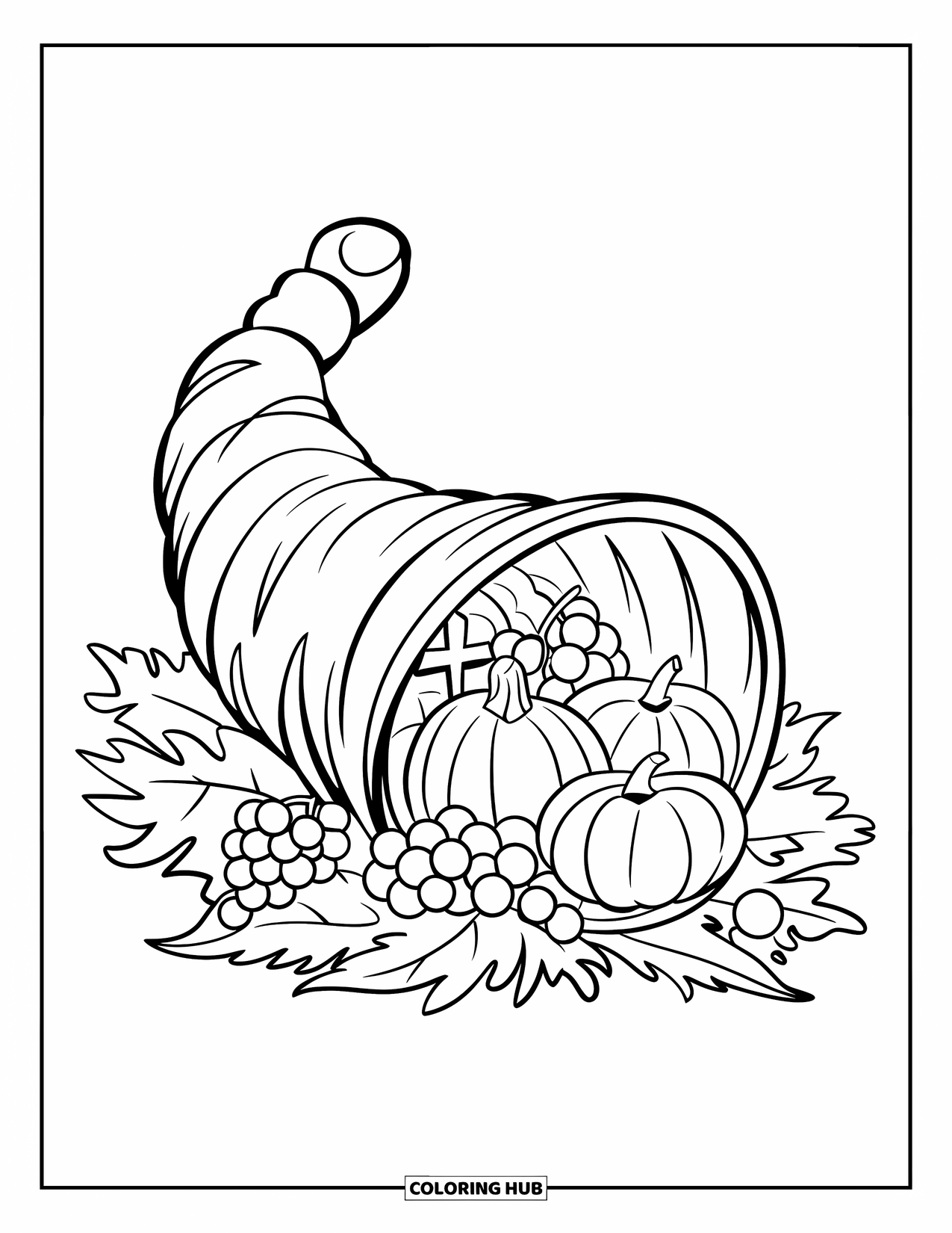 Christian Thanksgiving Coloring Page for Kids: Fruit-filled cornucopia with a small cross at the base