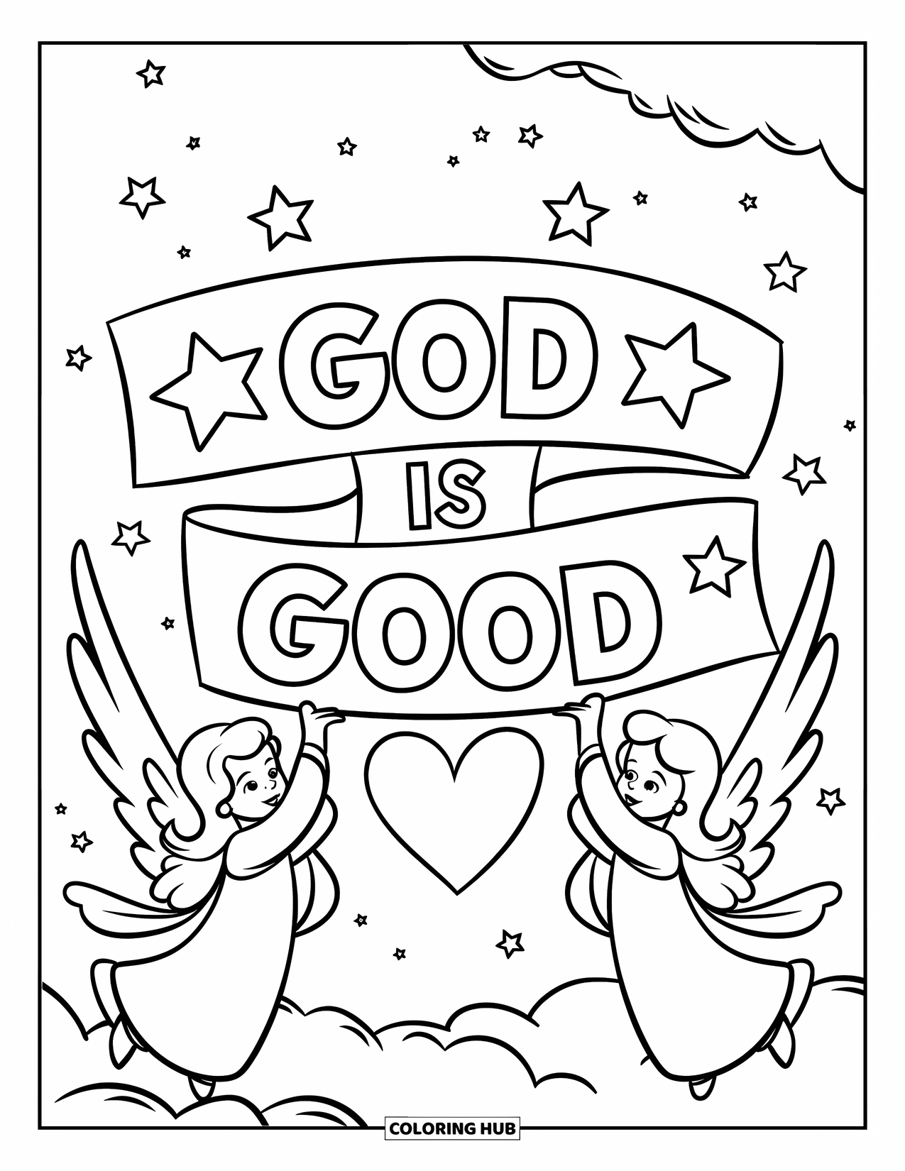 Christian Thanksgiving Coloring Page for Kids: God is Good banner with stars, heart, and two angelic figures