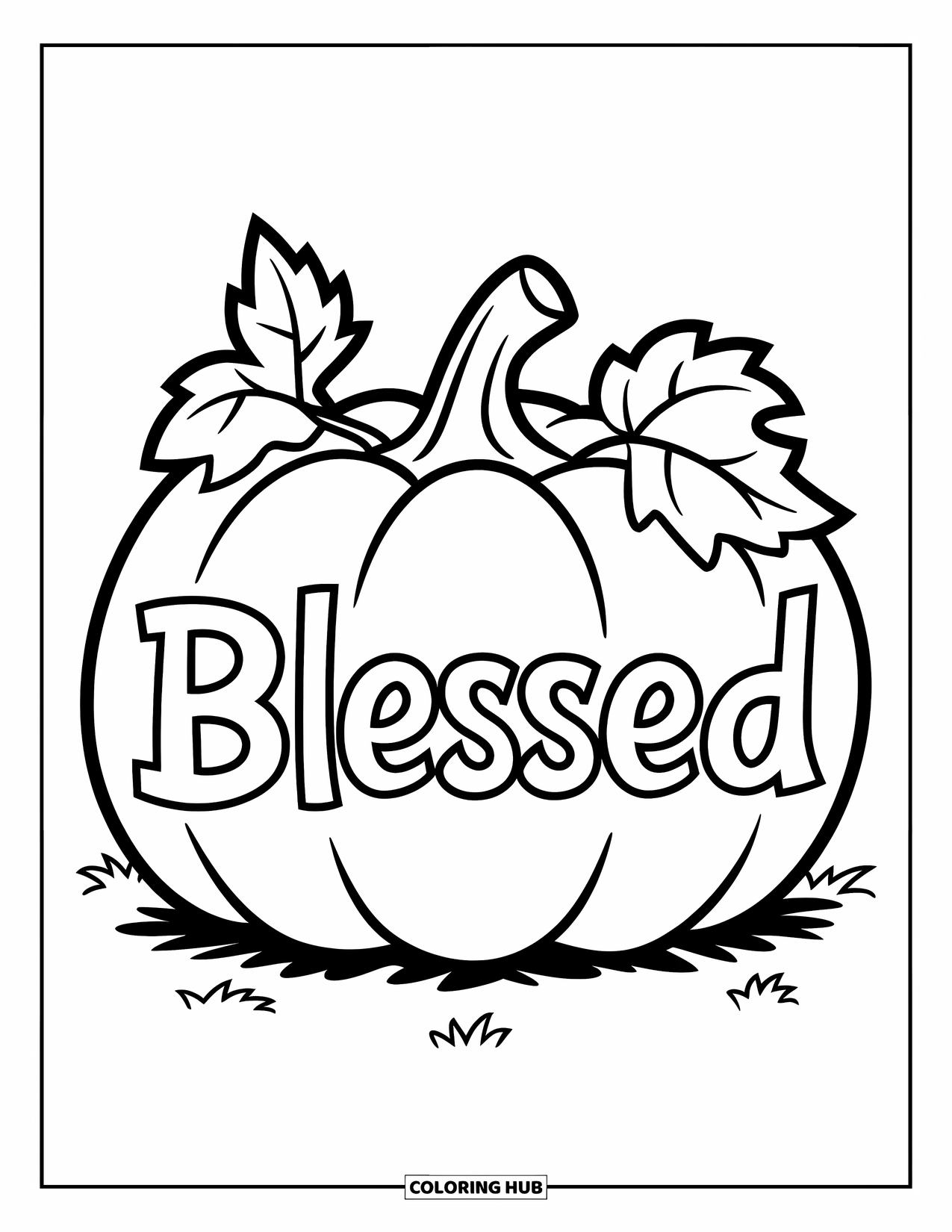 Christian Thanksgiving Coloring Page for Kids: Happy pumpkin with Blessed text sitting on grassy ground