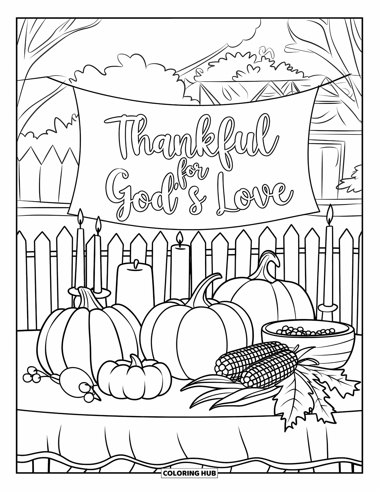 Christian Thanksgiving Coloring Page for Kids: Harvest table outdoors with pumpkins, candles, corn, and a thankful banner