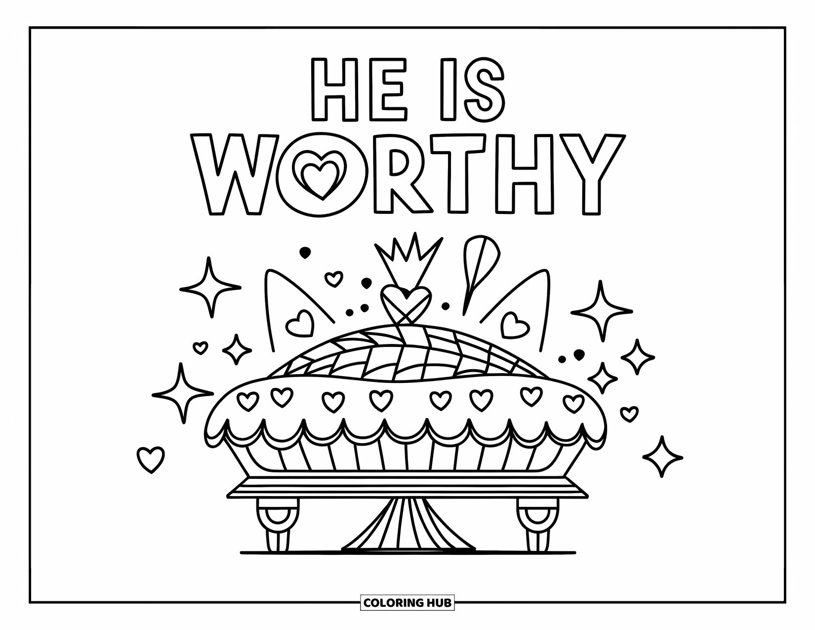 Christian Thanksgiving Coloring Page for Kids: He is Worthy above a pie dish with hearts, stars, and a crown