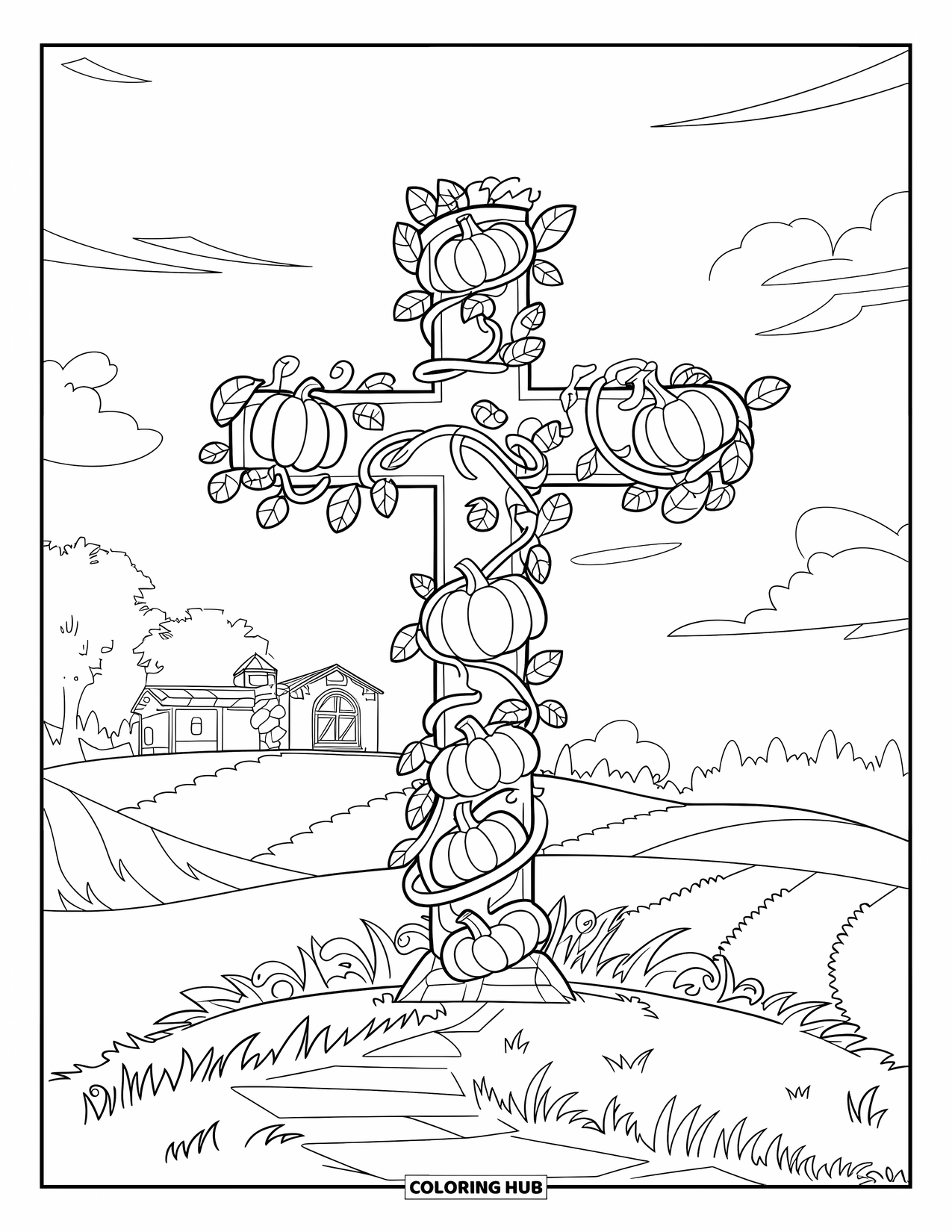 Christian Thanksgiving Coloring Page for Kids: Hilltop cross with pumpkins, trees, and a cloudy sky