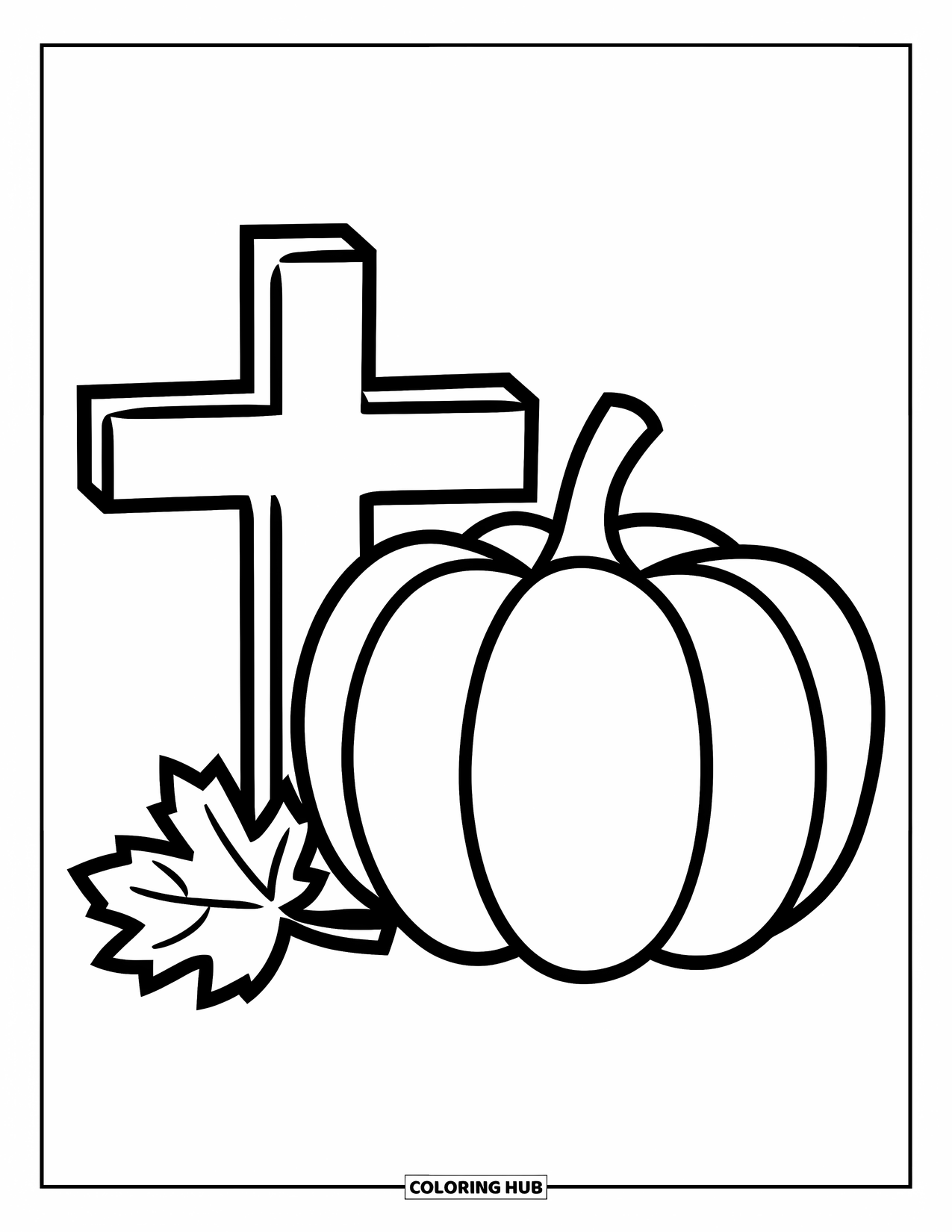 Christian Thanksgiving Coloring Page for Kids: Large cross beside a pumpkin and a fall leaf