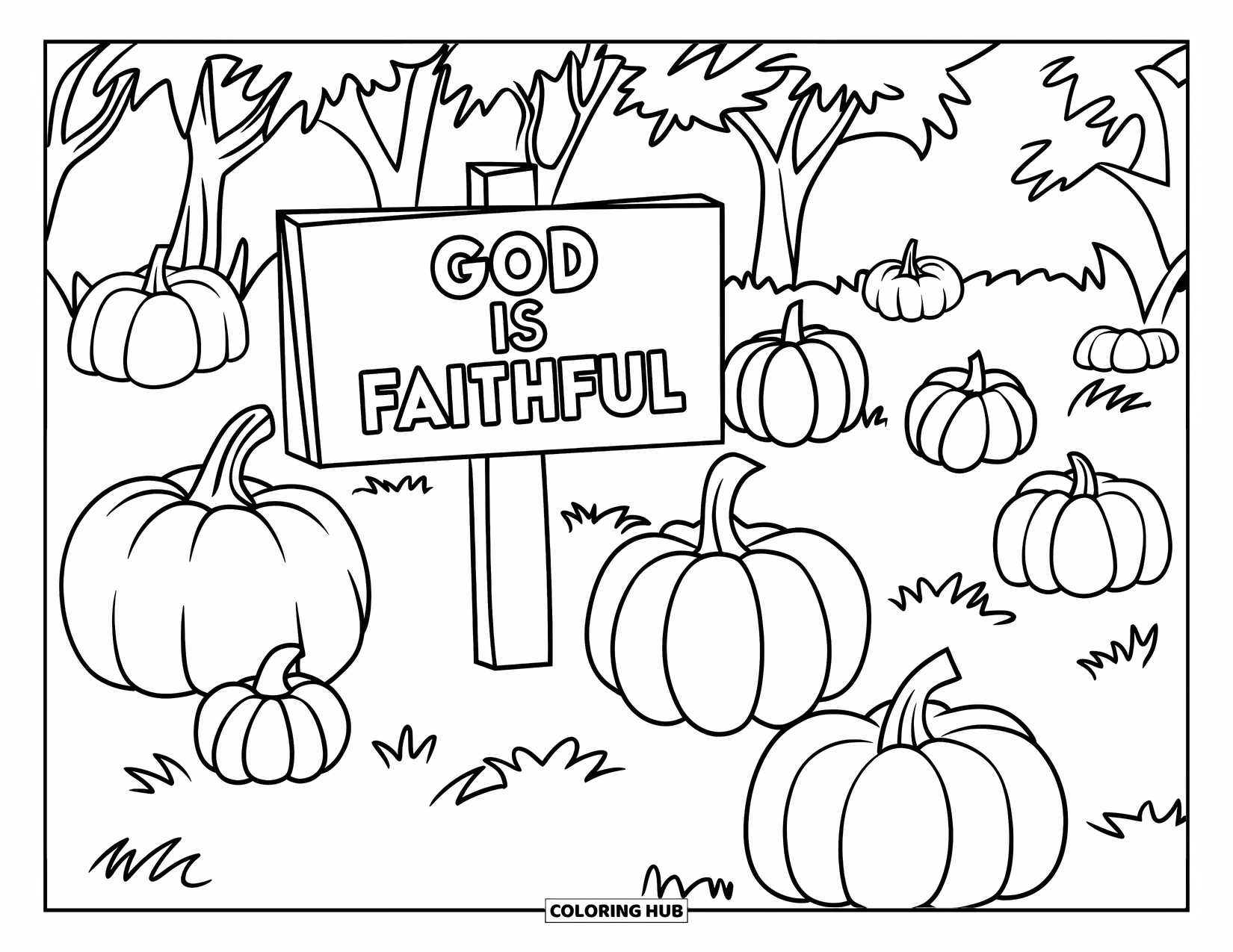 Christian Thanksgiving Coloring Page for Kids: Pumpkin patch with a God is Faithful sign and scattered pumpkins